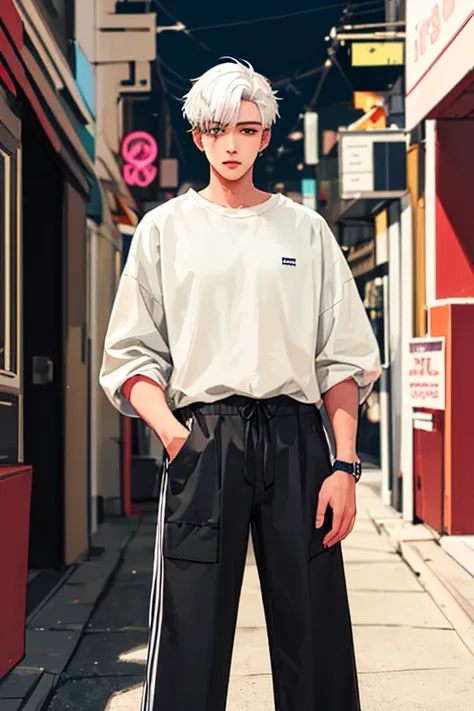 ((masterpiece)), (((best quality))), chromatic lighting,
colorized, white + black limited color palette, 
detailed concept drawing,
Shibuya street fashion guy, no weird object on his face,
portrait, 20yo 1guy, slender, wide pants, short white hair, black e...