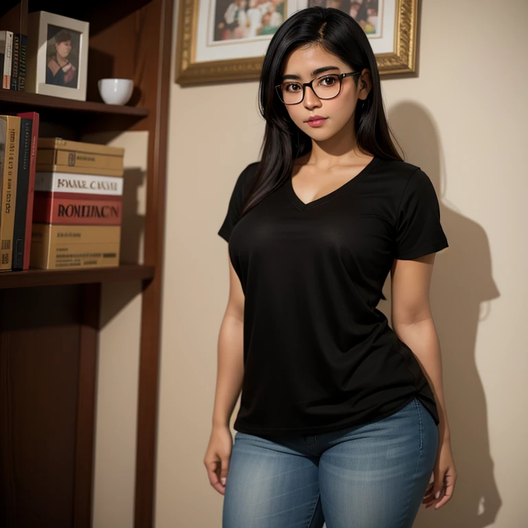 beautiful detailed, cute face, short, mexican teen, medium black hair, black hair over one eye, glasses, long-sleeved tucked in v neck T-shirt, long pants, solo, voluptuous breasts, full body photo.