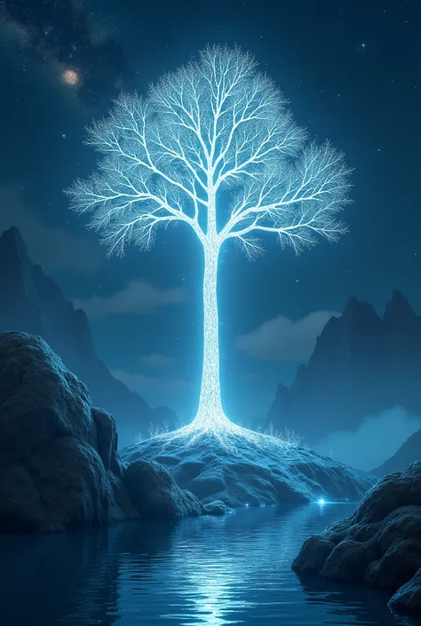 Shining Sacred Tree，Noble，Clear water flowing beside a sacred tree，The background is a starry sky，Mysterious atmosphere，Different world，High-definition depiction，8k．