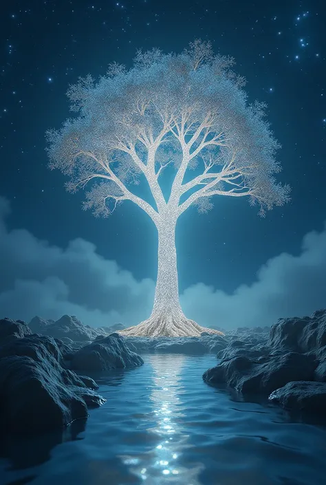 Shining Sacred Tree，Noble，Clear water flowing beside a sacred tree，The background is a starry sky，Mysterious atmosphere，Different world，High-definition depiction，8k．