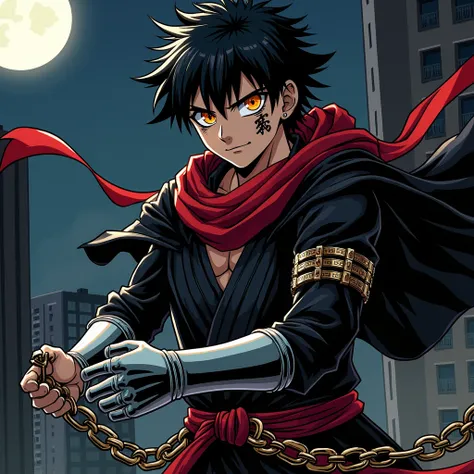 create a warrior, strong, black hair, spiky hair, orange eyes, a kanji tattooed on the cheek, scar on the left eye, silver gloves, silver boots, black ninja tunic, black cape, red bandana, red waistband on the waist, holding chains, battle pose, standing, ...