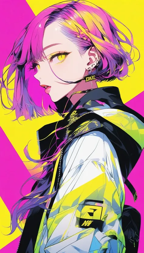 (insanely detailed), (best quality), (masterpiece:1.3), (Hyper realistic), illustration, anime, lip, streetwear, neon hair, yellow gradient Background, cinematic composition, dynamic angle, perfect lighting