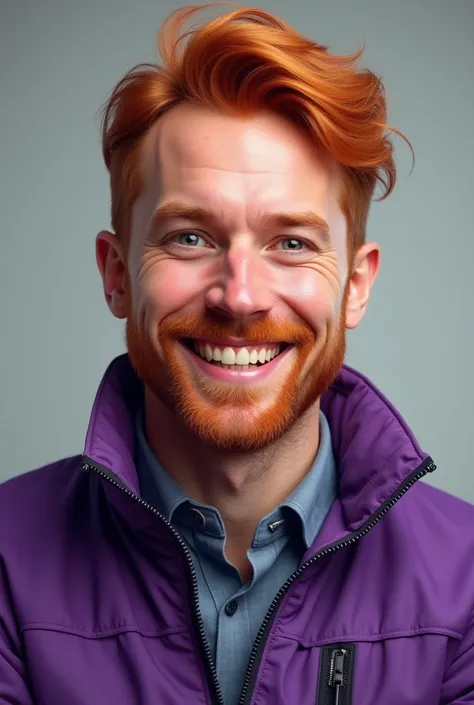 A 37 year old smiling man man with red hair with grey eyes wearing purple jacket