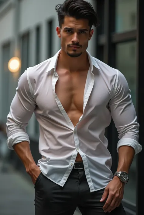 Asian man(korean,vietnamese,chinese,Japanese), 18 years old, Handsome and elegant,beardless, Wearing a  transparent shirt, sexy , Masculine and handsome，musculous，Muscles look good，hairy bodies, with fair skin,, Full body photo,(ultra-detailed, photorealis...