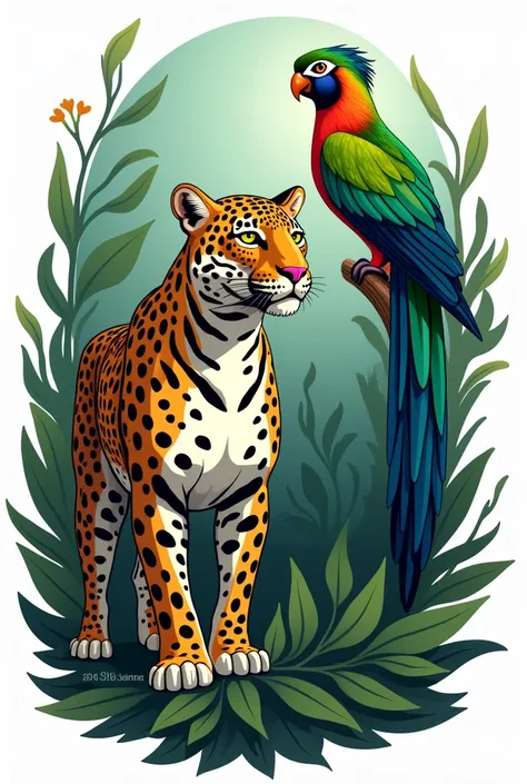 Logo for beauty pageant about ecology and fauna such as jaguar and quetzal bird 