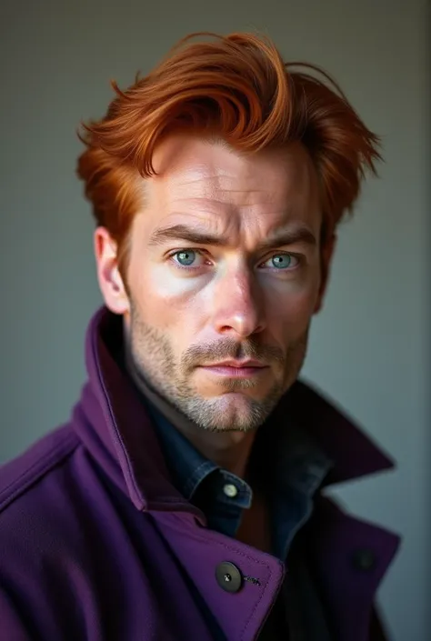 A 37 year old man with red hair with grey eyes wearing purple jacket