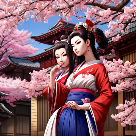 Samurai and geisha under sakura trees ,4k quality