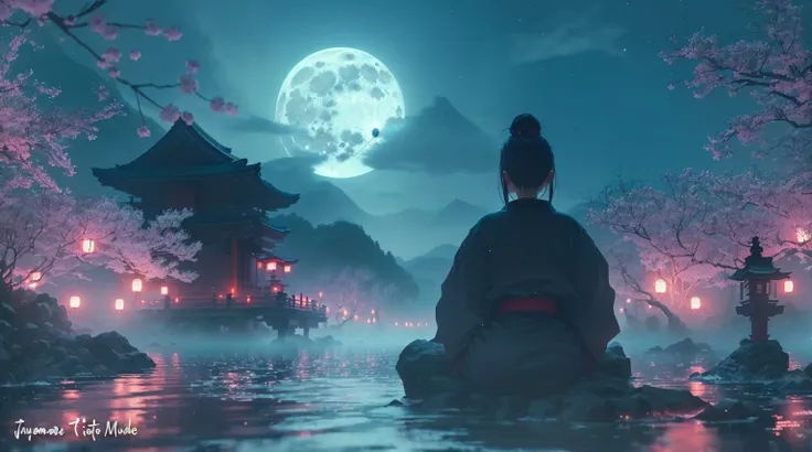 a woman sitting on a rock in the middle of a lake with a full moon in the background, zen méditation cyberpunk, japanese art style, japanese fantasy, anime beautiful peace scene, japan at night, moonlit night dreamy atmosphere, japonisme 3 d 8 k ultra deta...