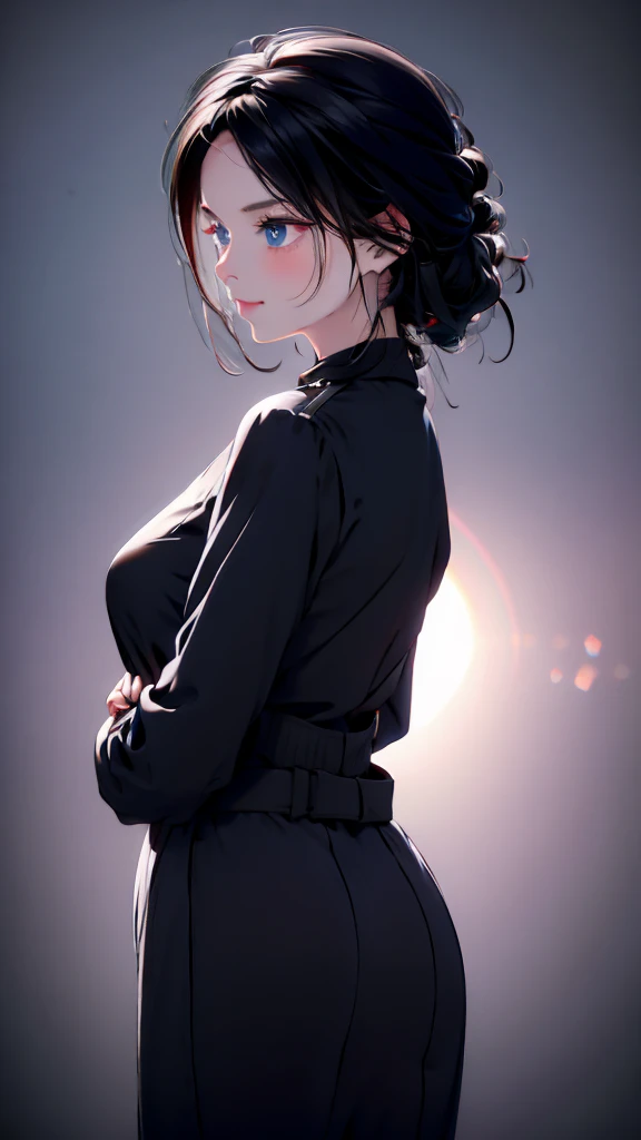 1 Girl, medium light black hair, light blue eyes , wearing black Suit 4D , night TOWN , high res, ultrasharp, 8K, masterpiece, looking from behind