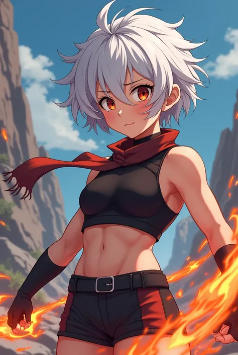 A girl with short messy white hair, with kyojuro rengoku, and red and orange eyes and strong muscles like those of Uzui Tenguen, and the cropped hunter suit, 