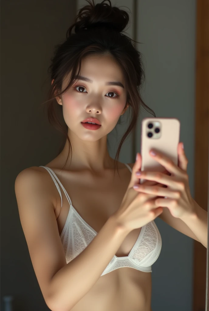 27  years old asian women beautiful, ((anatomy perpect)),updo hair style,wearing white bra,wearing white underwear,selfie in front the mirror with black handphone Iphone in the room