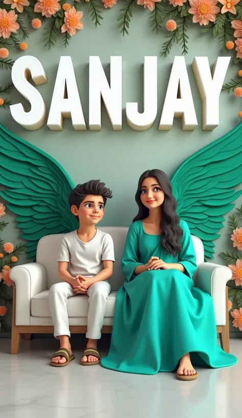 Create 3D picture of a beautiful 18 year old boy sitting on the white sofa set chair, the girl is wearing a neon blue saree, background wall decorate in flower and leaves and written on capital Big font white colour "SANJAY" and wing are green colour look ...