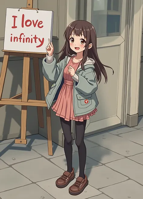 a beautiful and cute woman holding up a sign "i love infinity", joyful, happy, anime illustration, photorealistic, oil painting