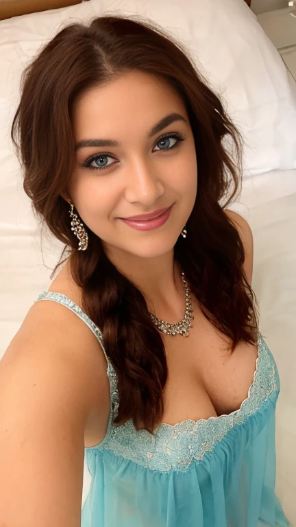 from top view, selfie, extreme close up photo of beautiful French 18 year old, hourglass figure, swooping large breasts, ample cleavage, auburn hair parted to one side, blue eyes, sexy armpits, seducing in bed, wearing a bikini, French braid hair, necklace...