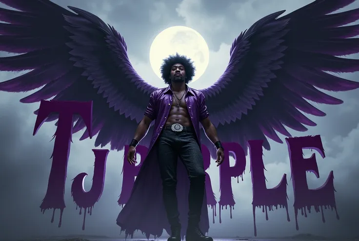 An afro male in rockstar outfits with huge wings in the dark sky, with the word Tj Purple boldly written on the background in horror text with musical symbols