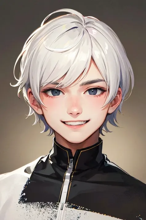 ((masterpiece)), (((best quality))), chromatic lighting,
colorized, white + black limited color palette, 
detailed concept drawing, no weird object on his face,
portrait, 20yo 1guy, slender, short white hair, black eyes, smiling