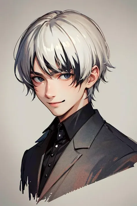 ((masterpiece)), (((best quality))), chromatic lighting,
colorized, white + black limited color palette, 
detailed concept drawing, no weird object on his face,
portrait, 20yo 1guy, slender, short white hair, black eyes, smiling