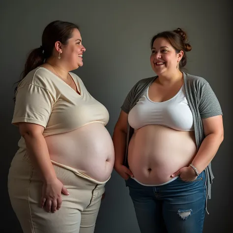 Two women are obese and overweight with a lot of belly fat, 600LB, they are obese with huge bellies and covered with a lot of fat, 4K quality, low angle