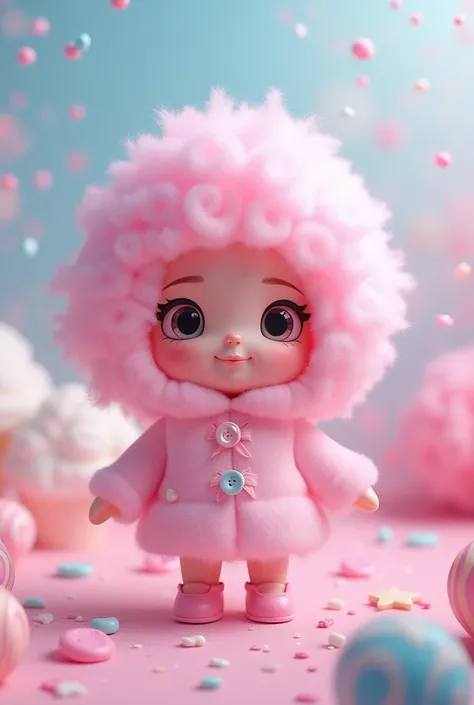 Make me a picture of an animated doll made of cotton candy 