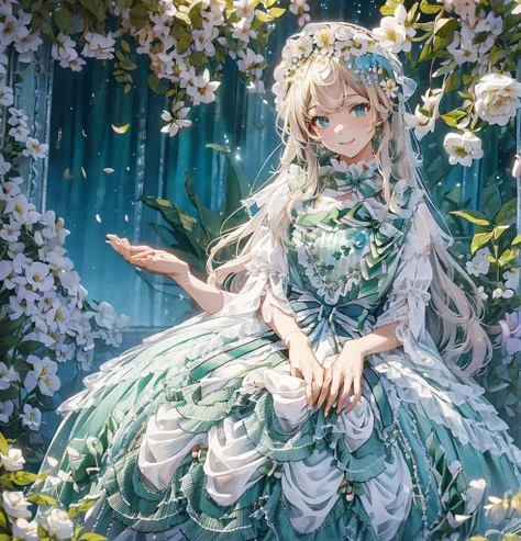 8k, Very detailed, high quality, A woman with a goddess-like smile,Euphilia, One Girl,Anime girl in a white dress with long blonde hair and dark turquoise eyes,  glowing green eyes,  Sitting in a garden full of flowers, Wearing an elegant dress, Decorate y...