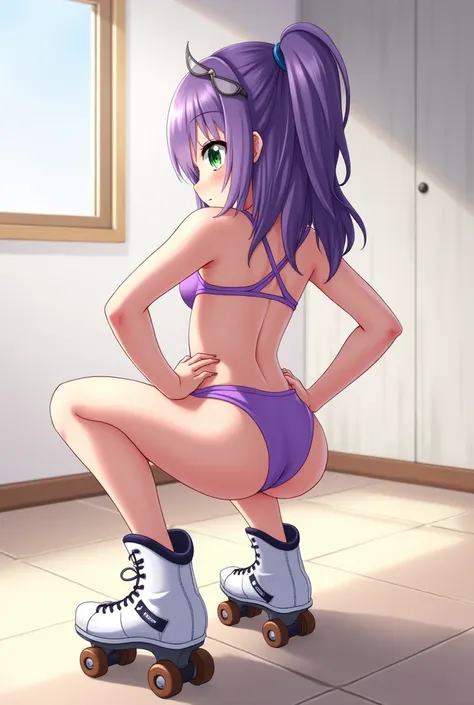 Anime girl squats，Watching from behind，cute butt，swim wears，Wear roller skates