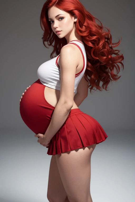 8k, masterpiece, very realistic, Full body Sexy pregnant cheerleader, very slim waist, slim thighs, pleated red cheerleader dress, white cheer crop top, long wavy red hair, medium breasts, pregnant, curved back, from the back, 