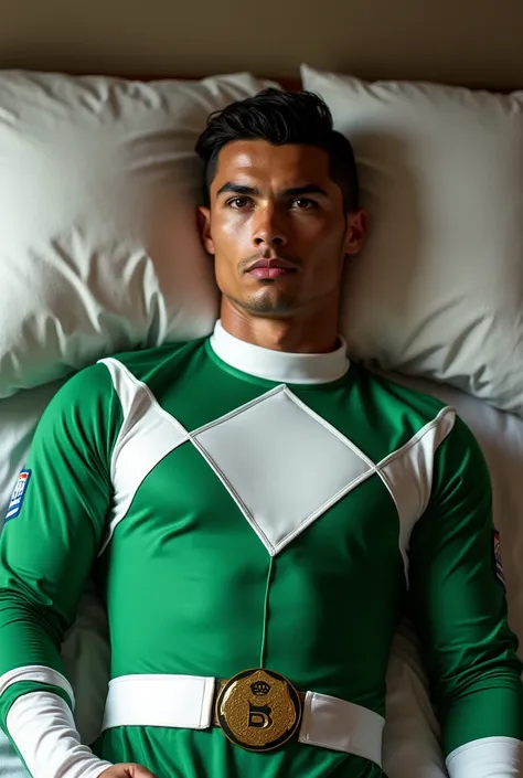 Cr7, traje del green ranger mighty morphin*without helmet* lying on a bed Features: (brown skin, but clear)(Without beard)(same as CR7)(Without bushy eyebrows) 