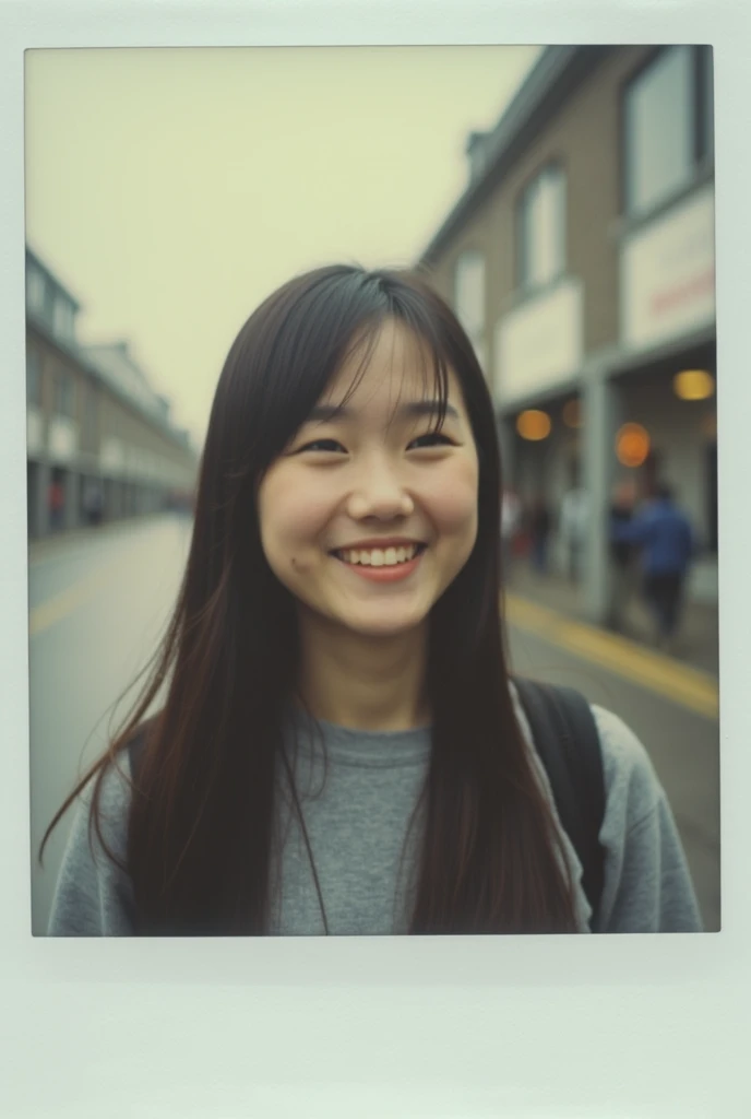 Instax-style、Photo of a smiling high school girl。The girl is far away、Looking somewhere。