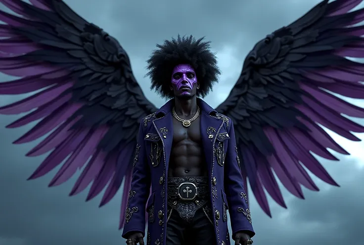 An afro male in rockstar outfits & music mask on with huge wings in the dark sky, with the word Tj Purple boldly written on the background in horror text with musical symbols