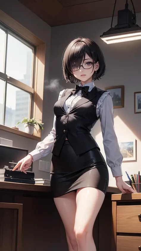 (((((middle age woman))))), masterpiece, ultra detailed, 8k portrait, RAW photo, portrait photography, highly detailed face, 1 woman, (((((standing spread legs))))), 33 years old, (((((tall))))), (((small eyes))), glasses, (((black very short cut hair))), ...