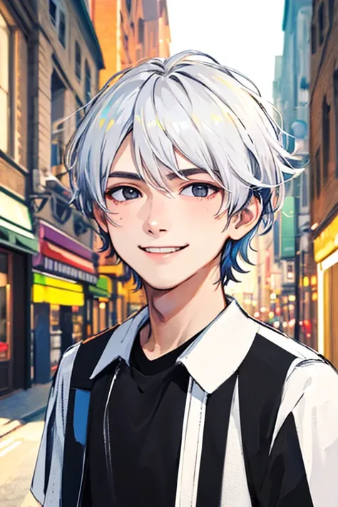 ((masterpiece)), (((best quality))), chromatic lighting,
colorized, white + black limited color palette, 
detailed concept drawing, no weird object on his face, street fashion,
portrait, 20yo 1guy, slender, short white hair, black eyes, smiling