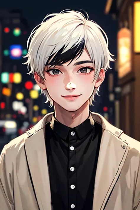 ((masterpiece)), (((best quality))), chromatic lighting,
colorized, white + black limited color palette, 
detailed concept drawing, no weird object on his face, street fashion,
portrait, 20yo 1guy, slender, short white hair, black eyes, smiling