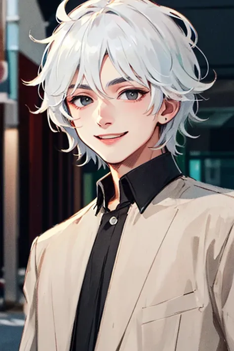 ((masterpiece)), (((best quality))), chromatic lighting,
colorized, white + black limited color palette, 
detailed concept drawing, no weird object on his face, street fashion,
portrait, 20yo 1guy, slender, short white hair, black eyes, smiling