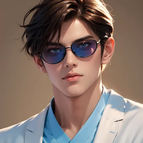 One man　Japanese men　No background　Fashionable clothes　Detailed face and skin　An illustration　Visible blue sunglasses　Brown Hair