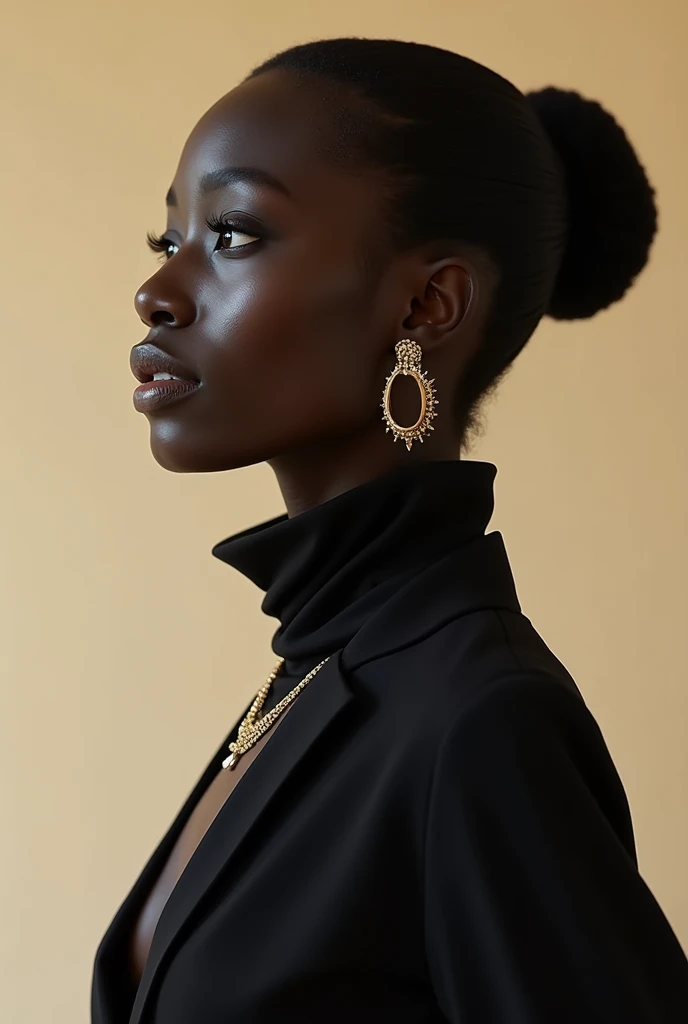 black model wearing gold thin jewelry inspired by the film Dune aesthetic, modern total black look, soft and delicate jewelry design, light beige studio background, sophisticated elegance, light beige color palette, fashion photography, highly realistic, c...