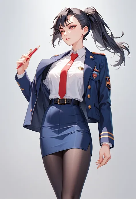 female boss,years on,black hair,ponytail,model body type,jacket, white shirt, pantyhose, tie, collared shirt, belt, uniform, blu...