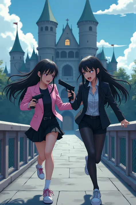 Two girls long black hairs, yuri,(The first girl wear a pink suit, black shirt, black pencil skirt, black underpants, black tights, white socks, pink sneakers) and (The second girl wore a grey shirt, black suit, black pencil skirt, black underpants, black ...