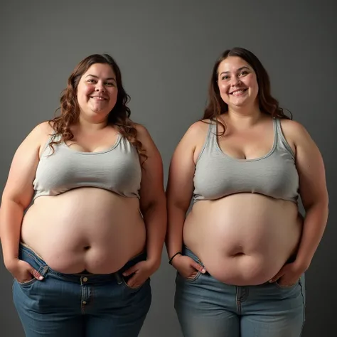 Two women are obese and overweight, weighing 150kg, with lots of belly fat, they are obese with huge bellies, 4K quality, low angle