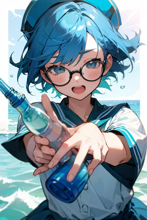 Wink、Open your mouth、Remove the cap from the plastic bottle、Short Hair、Blue Hair、Glasses、Strong sunlight、The background is the sea、Precise fingers of the right hand