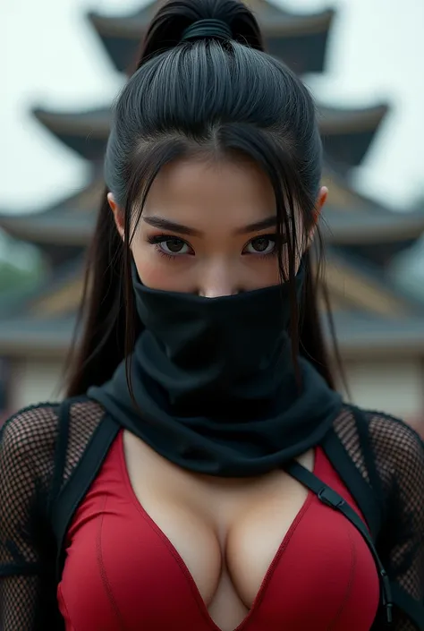 With a Japanese castle in the background、Close-up photo of a female ninja&#39;s face。The costume is made of black mesh fabric。Red sports bra。Her hair is long and tied back.。The mouth is covered with a cloth。Big eyes staring straight at me(photography)（prof...