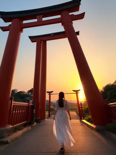 Sunset sky、Love tics、Men and women facing forward，There is a torii gate、