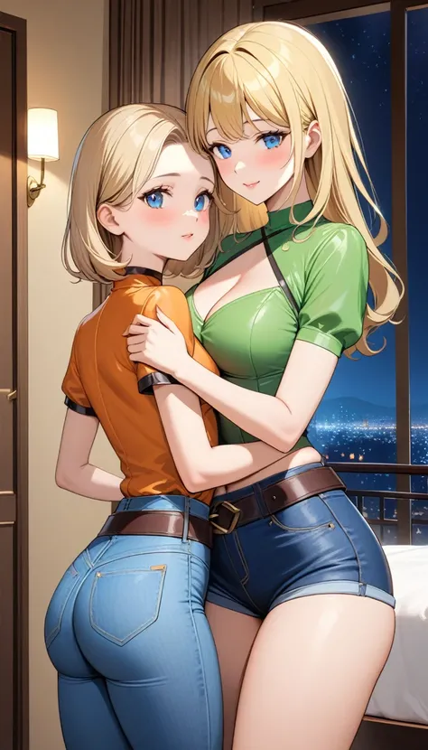 Two beautiful ladies ((lady 1: 35y old mom, with short straight blonde hair, lady 1 with blue eyes and caucasian skin, lady 1 wearing Tight Jeans and Leather Belt, lady 1 Sexy Criss Cross Mock Neck Short Sleeves Orange Blouse)), ((lady 2: 13y old daughter,...