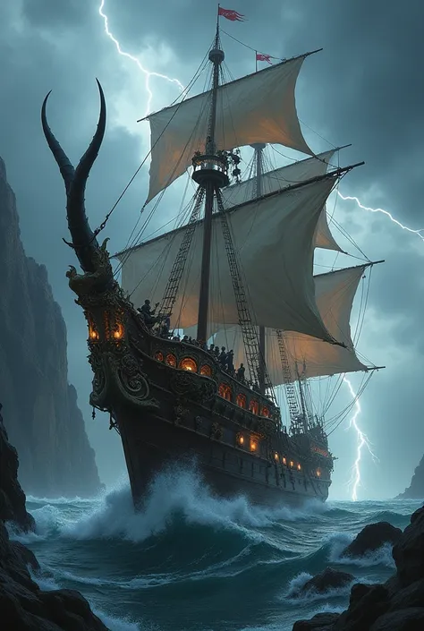 Horizontal poster with image of a pirate ship with horns 