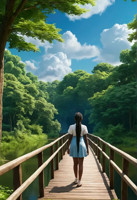 A summer forest scene featuring a lake with a long wooden bridge extending into the distant forest, styled like the film "Your Name." The view is from the perspective of a black woman with long braids standing on the bridge and looking ahead toward the far...