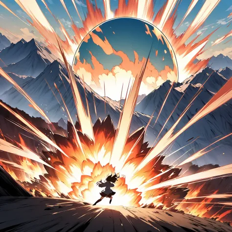 wide shot of a manga style explosion, spherical explosion, mountains, effects, dynamic, action