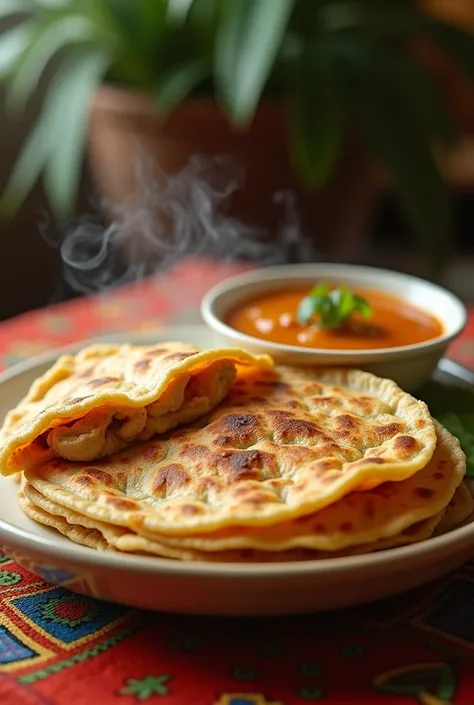 make a delicious chicken roti canai big size from malaysia picture by dipping it into curry sauce 