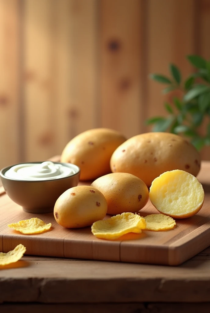 Wooden kitchen board. On top, a cooked potato with skin and a halved one. Next to it is a bowl of white sauce. On top of the same board place bagged Lays potato chips, They are very thin slices of potatoes. Sliced potatoes should be the main focus and smoo...