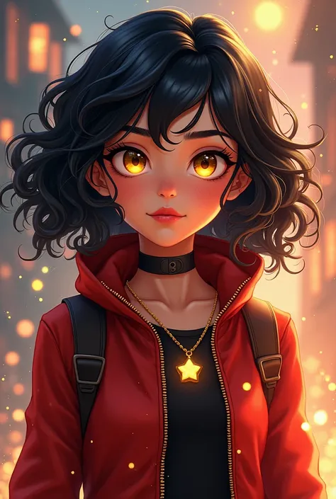 Girl with curly black hair and honey eyes in miraculous lady bug 