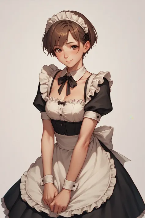 woman, alone, human, brown hair, short hair, smile, blush, brown eyes, medium chest, sexy maid outfit, maid&#39;s headdress, bla...