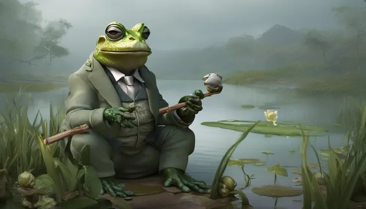 [ (Character Art：artgerm:1.0) Claude Monet::18], Professional, water, tired (Transparent harvest bunch!:1.2) , a frog dressed in a green suit holding a stick, samurai frog, frog philosopher the thinker, highly detailed frog, colored zbrush render, frog, St...